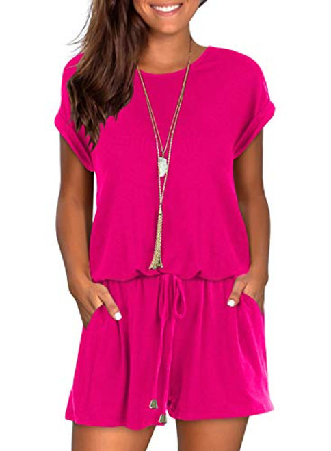 Mokayee Womens Hot Pink Summer Cute Front Tie Short Jumpsuits Rompers with Pockets XL