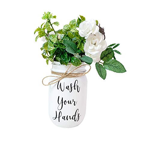 Wash Your Hands  Hand Painted and Distressed  Pint 16 oz. Regular Mouth Ball Mason Jar  Artificial Flower Arrangement  Rustic Farmhouse Mason Jar Bathroom Decor  Rustic Farmhouse Style  Christmas Gift