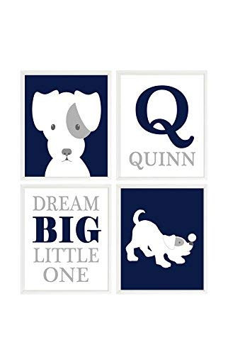 Nursery Wall Art  Puppy Nursery  Dog Prints  Dream Big Little One  Personalized Art  Baby Boy Nursery  Boy Room Art  Navy Blue Gray  Nursery Art  Dog Art Print