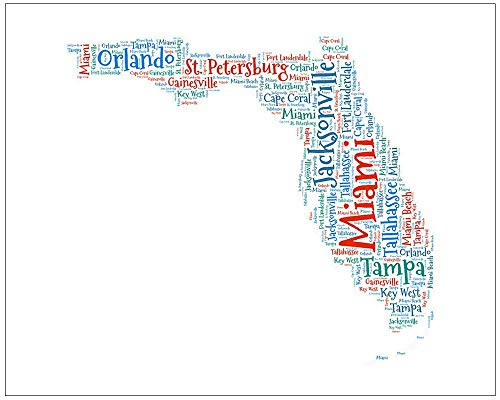 Florida Map Art  FL State Cities Word Cloud Wall Decor Print 8 x 10