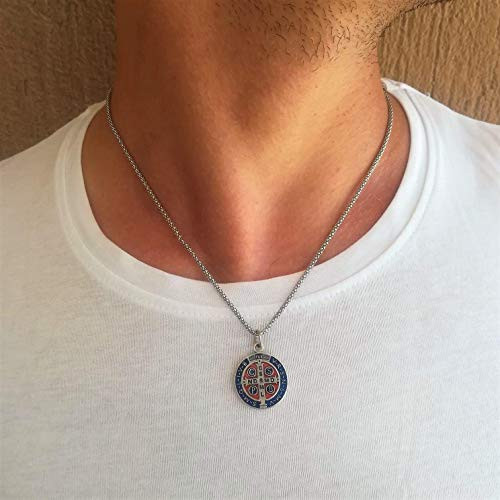 St Benedict Catholic Necklace for Men  San Benito Colored Saint Medal Mens Boys Religious Gift for Him