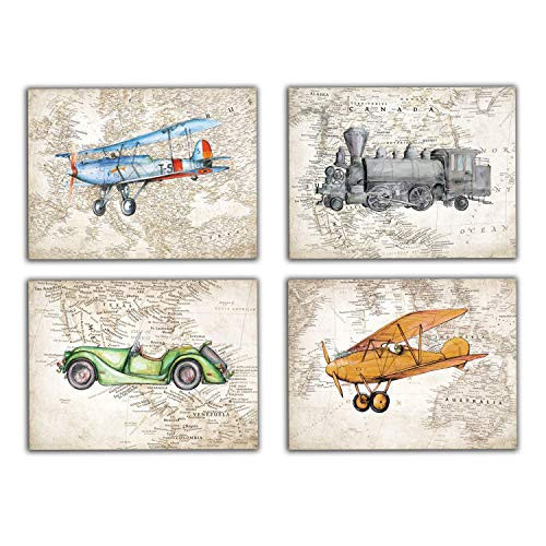 Vintage Airplane Car Train World Map Decor Set 4 Prints