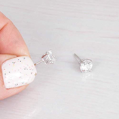 Handmade Sterling Silver 925 CZ Diamond Stud Earrings - Large Bridal and Bridesmaids Zircon Post Earrings - Size 6mm