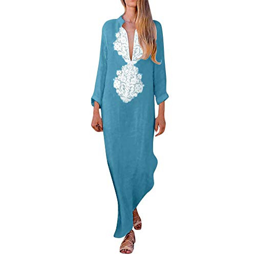 lotus.flower 2018 Women s Printed Long Sleeve V-Neck Maxi Dress Split Hem Baggy Kaftan Long Dress -S Blue- lotus.flower 2018 Women s Printed Long Sleeve V-Neck Maxi Dress Split Hem Baggy Kaftan Long Dress -S Blue-