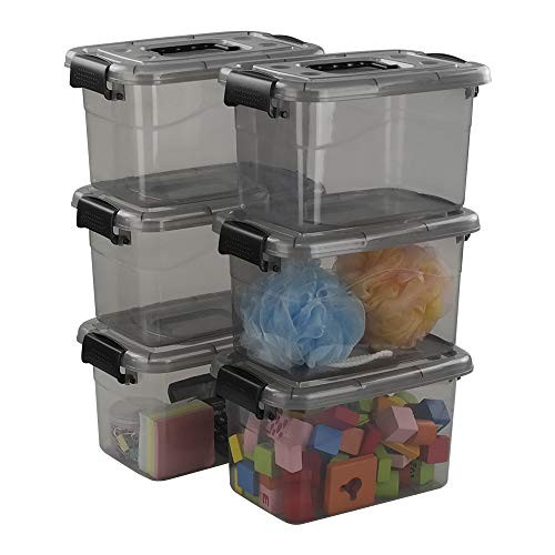 Xyskin Plastic Small Transparent Grey Storage Box Bin Container with Black Handles  6 Packs