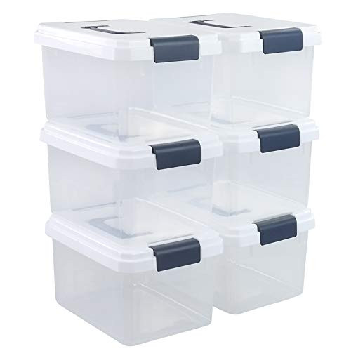 EudokkyNA Plastic Lidded Storage Bins  Plastic Storage Boxes  6 Pack -Blue handle-