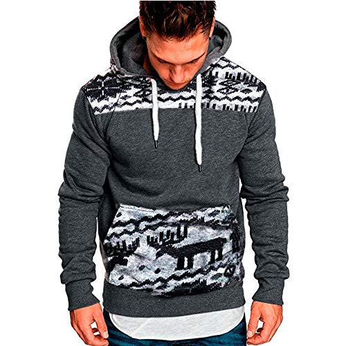 kaifongfu Men Cute Reindeer Santa Print Ugly Christmas Sweatshirt Hoodies Pullover Sweater Tops -Gray Tag L-US S-