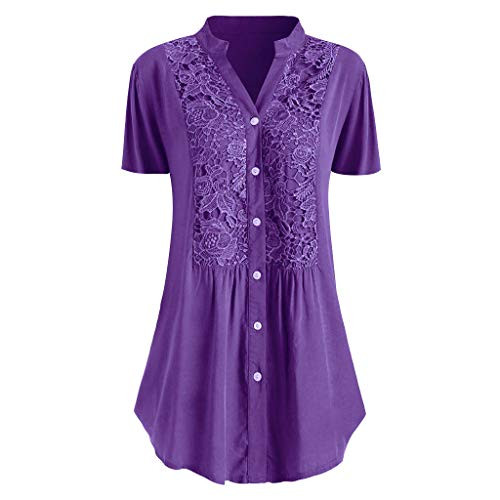 Women_s Henley V Neck Floral Lace Crochet Blouse Tops Roll-up Sleeve Button Down Tunic Shirt -S-Purple  XL-