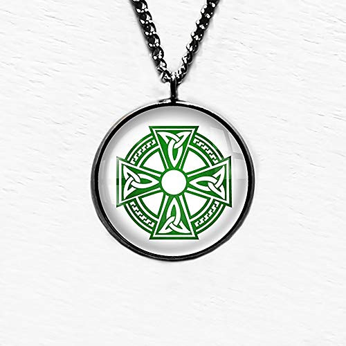 Celtic Cross Ailm White on Green Pendant Necklace