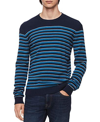 Calvin Klein Mens Big  and  Tall Striped Ribbed Trim Pullover Sweater Blue XL