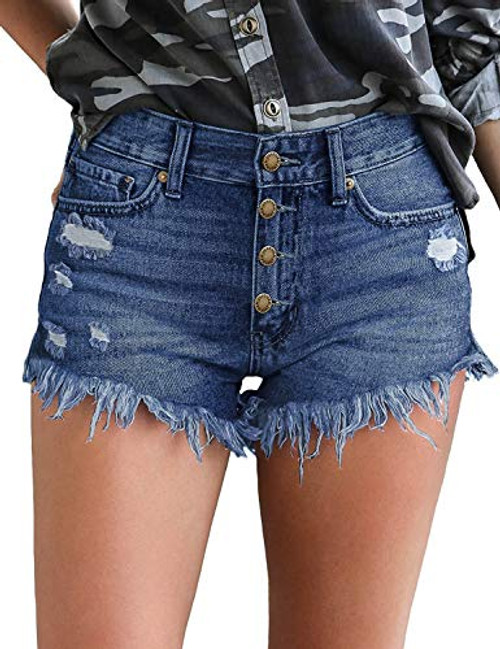 luvamia Women_s Button Fly Denim Shorts Frayed Raw Hem Ripped Denim Jean Shorts  M Button Fly Denim Blue  Size XL