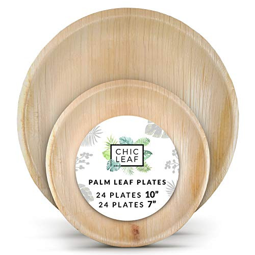 Chic Leaf Palm Leaf Plates Disposable Bamboo Plates Like 10 Inch  and  7 Inch Round Party Pack -48 pk- Compostable and Biodegradable - Better than Plastic  Paper and Wood Plates