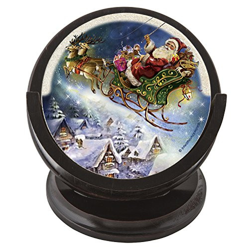 Thirstystone TSND3-H13-KA Santa's Sleigh Christmas Sandstone Coaster Set with Wood Holder Included, Multicolor