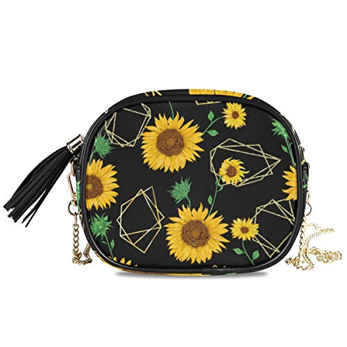 ALAZA PU Leather Small Crossbody Bag Purse Wallet Sunflowers And Geometry Floral Black Cell Phone Bags with Adjustable Chain Strap  and  Multi Pocket