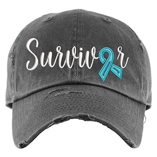 Cancer Survivor Hat - Custom Cancer Ribbon Color - Distressed Baseball Cap OR Ponytail Hat - Ovarian Cancer Ribbon