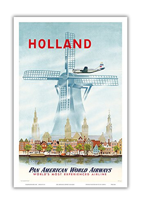 Holland - Netherlands Dutch Windmill - Pan American World Airways (PAA) - Vintage Airline Travel Poster 1951 - Master Art Print - 12in x 18in Holland - Netherlands Dutch Windmill - Pan American World Airways (PAA) - Vintage Airline Travel Poster 1951 - Master Art Print - 12in x 18in