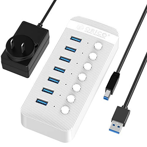 ORICO Powered USB Hub  7 Ports 24W USB 3.0 Data Hub with BC1.2 Charging  Individual On Off Switches and 12V 2A Power Adapter for Desktop Computer  PC  iMac  Mobile HDD  Flash Drive