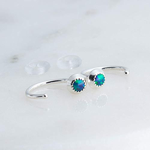 Green-Blue Opal in Sterling Silver Open Hoop Hugging Hook Earrings 3mm Stone