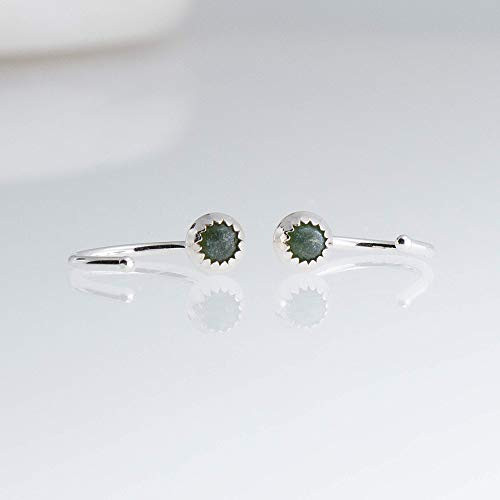 Small Sterling Silver Open Hoop Hugger Hook Earrings with Green Jade Stone 3mm
