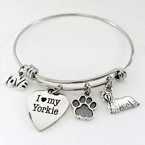 I Love My Yorkie Bracelet Yorkshire Silky Terrier Charm Bangle for Dog Mom Gift - Small-Med