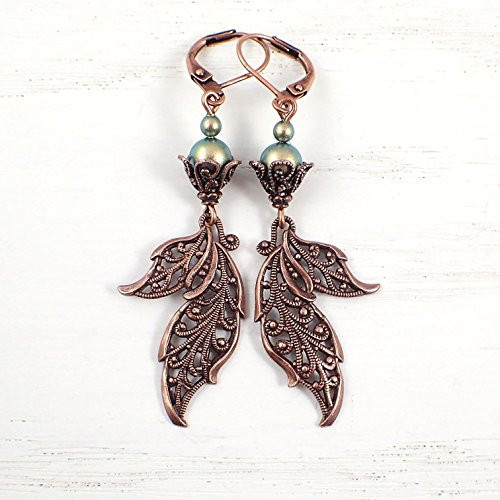 Fantasy Style Filigree Leaf Lever Back Earrings with Iridescent Green Swarovski Crystal Simulated Pearls Fantasy Style Filigree Leaf Lever Back Earrings with Iridescent Green Swarovski Crystal Simulated Pearls
