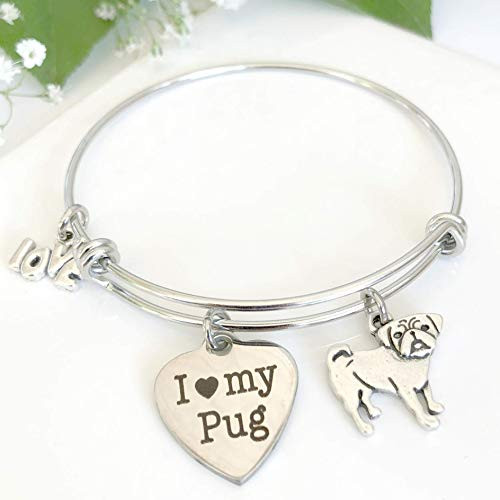 Pug Dog Bracelet - Charm Bangle for Dog Owners - Pet Themed Jewelry - Small-Med