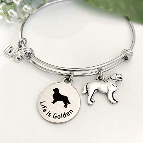 Life Is Golden Retriever Bracelet - Expandable Dog Charm Bangle - Small-Med