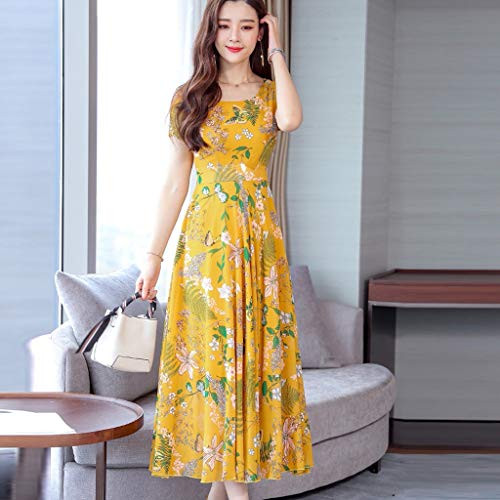Clearance Autumn Long Dress Leewos Fashion Summer Grace Mid-Calf Short Sleeve Beach Printing Dress-Yellow S-