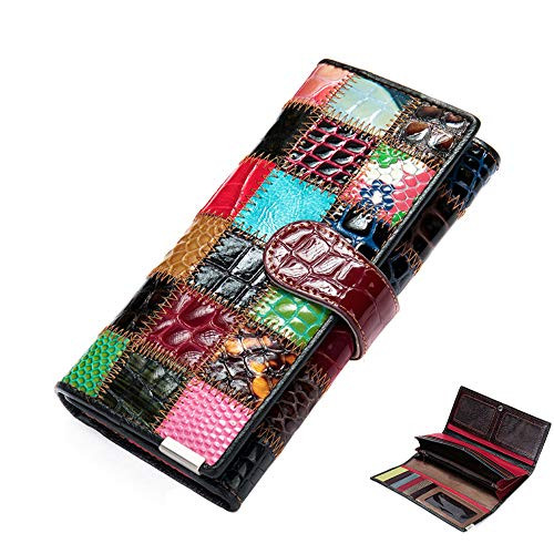 Segater Women Multicolor Wallets Genuine Leather Card Holder Organizer Purses Model Stitching Bag Wallet with Flap Phone Clutch Large Long Purse