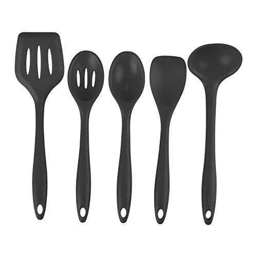Silicone Kitchen Utensil Set 5 Piece Cooking Utensils Set with Spatula, Turner, Soup Ladle,Long Spoon,Slotted Spoon for Cooking/Baking/BBQ - Red/Black (Black)
