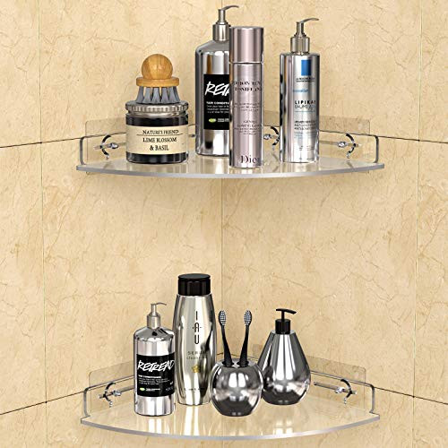 GeekDigg 2 Pack Corner Shower Caddy  Transparent Acrylic Shelf  Wall Mounted No Drilling Traceless Adhesive Bathroom Storage Organizer  Storage Rack for Toilet  Shampoo  Dorm  and Kitchen