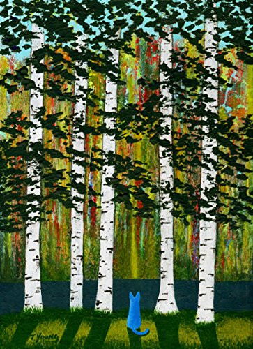 Russian Blue Cat Folk Art PRINT by Todd Young CAT IN BIRCH FOREST