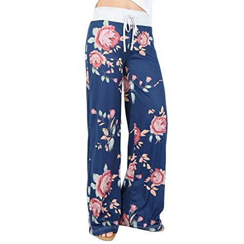 TLOOWY Womens Pajama Lounge Yoga Pants Floral Print Comfy Casual Loose Palazzo Drawstring Pj Bottoms Pants Wide Leg Pants -Blue  XL-
