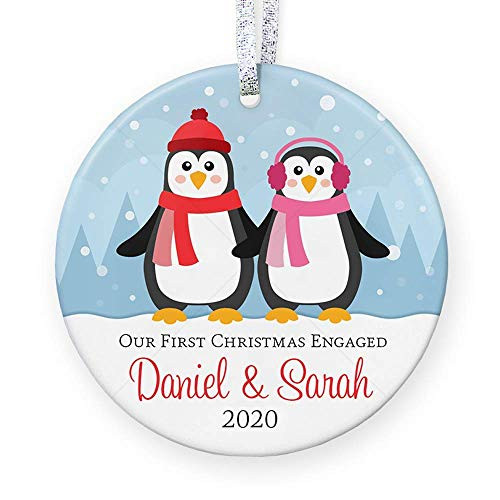 Our 1st Christmas Engaged Ornament 2020  Personalized Names Date  First Xmas Engagement Congratulations Idea - 3inch  Flat Circle Ceramic Ornament - Gold  and  Silver Ribbon - PGM-OR-108b