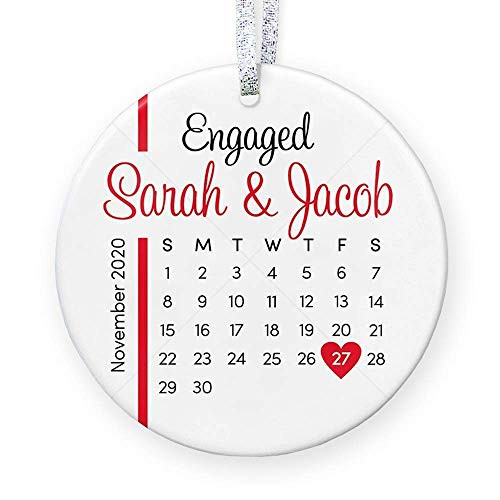 He Proposed  She said Yes Personalized Engagement Gift 2020  Newly Engaged Couple Christmas Ornament - 3inch  Flat Circle Ceramic Ornament - Gold  and  Silver Ribbon - PGM-OR-89b