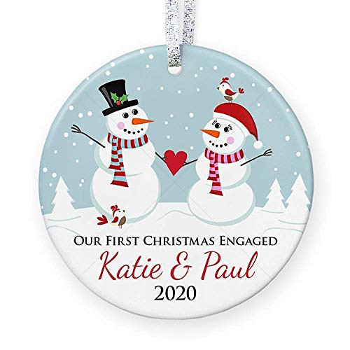 Our First Christmas Engaged Ornament  Personalized Engagement Ornament  1st Engaged Christmas Gift - 3inch  Flat Circle Porcelain Ceramic Ornament - Gold  and  Silver Ribbon 2020 - PGM-OR-09b