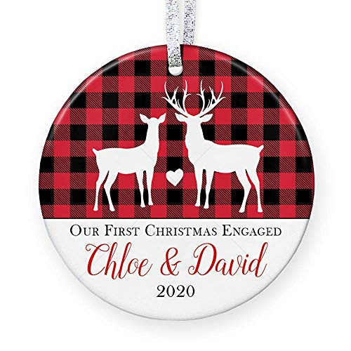 Our First Christmas Engaged Ornament 2020  He Proposed She Said Yes Personalized Buffalo Check Ornament For Newly Engaged Couple - 3inch  Flat Circle Ceramic Ornament - Gold  and  Silver Ribbon - PGM-OR-69b