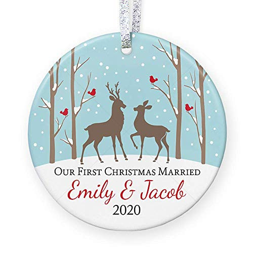 Our First Christmas Married 2020  Ornament Wedding Gift For Mr And Mrs  Personalized Bridal Shower Gift - 3inch  Flat Circle Ceramic Ornament - Gold  and  Silver Ribbon - PGM-OR-19a