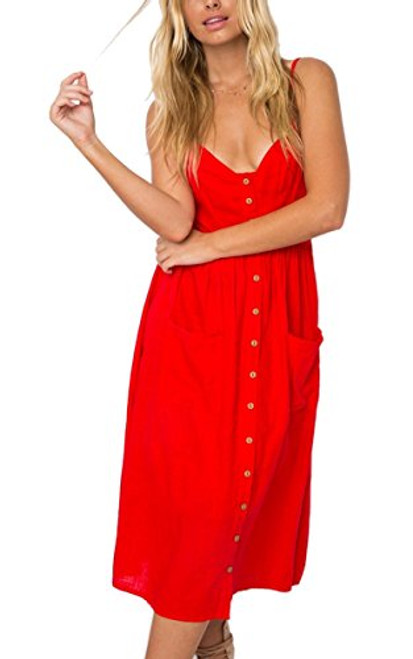 Angashion Women_s Dresses-Summer Floral Bohemian Spaghetti Strap Button Down Swing Midi Dress with Pockets Red S