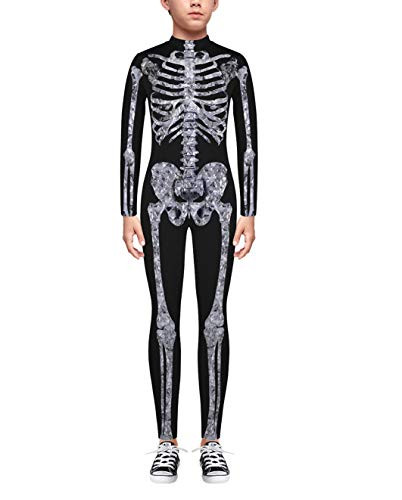 TENMET Boys Girls Skeleton Costume Hallowen Cospaly Bodysuit for Kid White S