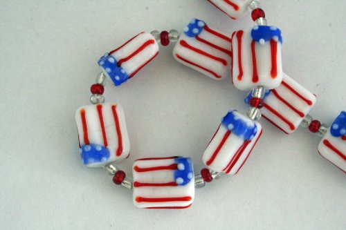 July 4th Patriotic Handmade Lampwork U.S. Flag White Glass Beads-12 Beads Pack-