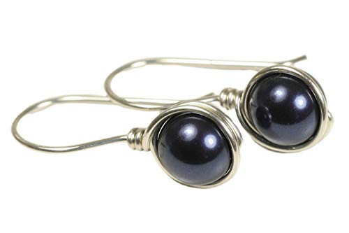 Sterling Silver Navy Blue Pearl Earrings with Night Blue Swarovski Pearls Wire Wrapped