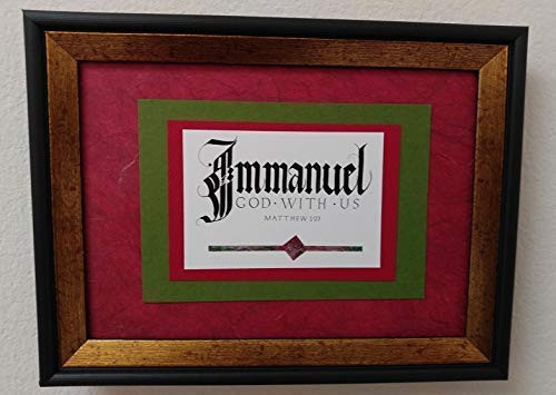 Immanuel - God With Us - Matthew 1 23 - Hand-lettered Christian Calligraphy  Bible Scripture - Christian Wall Art - landscape print sized for 4inch  x 6inch  black and bronze frame - 1175LJ045SB03