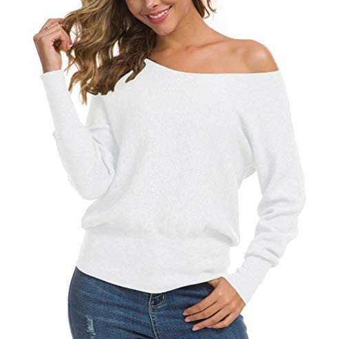 Feiersi Women s Casual Long Sleeve Crew Neck Knitted Pullover Sweaters Tops -White Small-