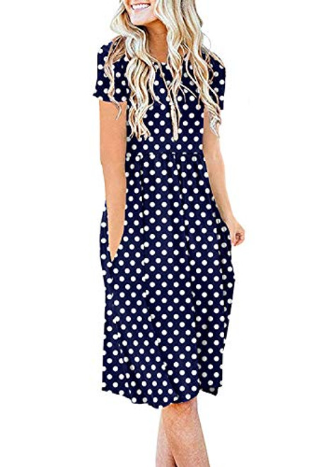 DB MOON Women Summer Casual Short Sleeve Dresses Empire Waist Dress with Pockets -Polka Dot Navy Blue S- DB MOON Women Summer Casual Short Sleeve Dresses Empire Waist Dress with Pockets -Polka Dot Navy Blue S-