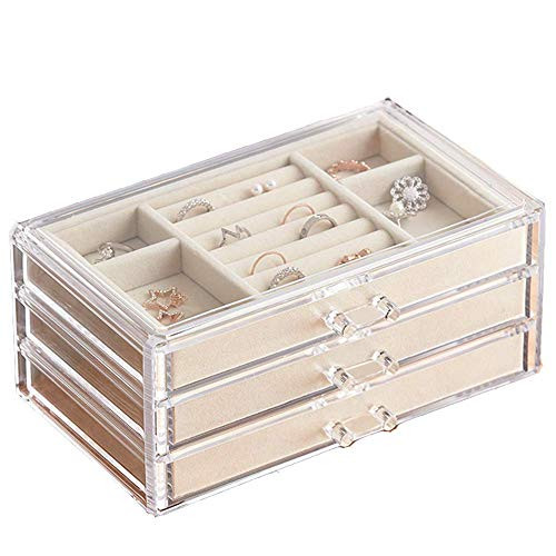 HerFav Jewelry Box for Women with 3 Drawers  Velvet Jewelry Organizer for Earring Bangle Bracelet Necklace and Rings Storage Clear Acrylic Jewelry case