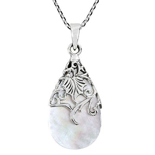 Vintage Floral Vine Adorned Teardrop Mother of Pearl .925 Sterling Silver Pendant Necklace Vintage Floral Vine Adorned Teardrop Mother of Pearl .925 Sterling Silver Pendant Necklace