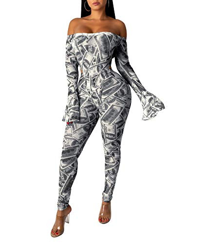 ECHOINE Women Money Printed Jumpsuits - Long Sleeve Off Shoulder Mesh Bodycon Jumpsuit Rompers Outfits Catsuit Clubwear Silver L