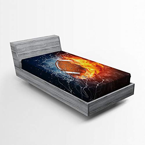 Lunarable Sports Fitted Sheet  Football on Fire and Water Flame Splashing Thunder Bolt Abstract Conceptual Art  Bed Cover with All-Round Elastic Deep Pocket for Comfort  Twin XL Size  Navy Orange