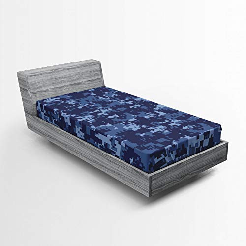 Ambesonne Camo Fitted Sheet  Retro Composition of Grunge Camouflage Pattern Print in Modern Blue Tones  Bed Cover with All-Round Elastic Deep Pocket for Comfort  Twin XL Size  Dark Blue